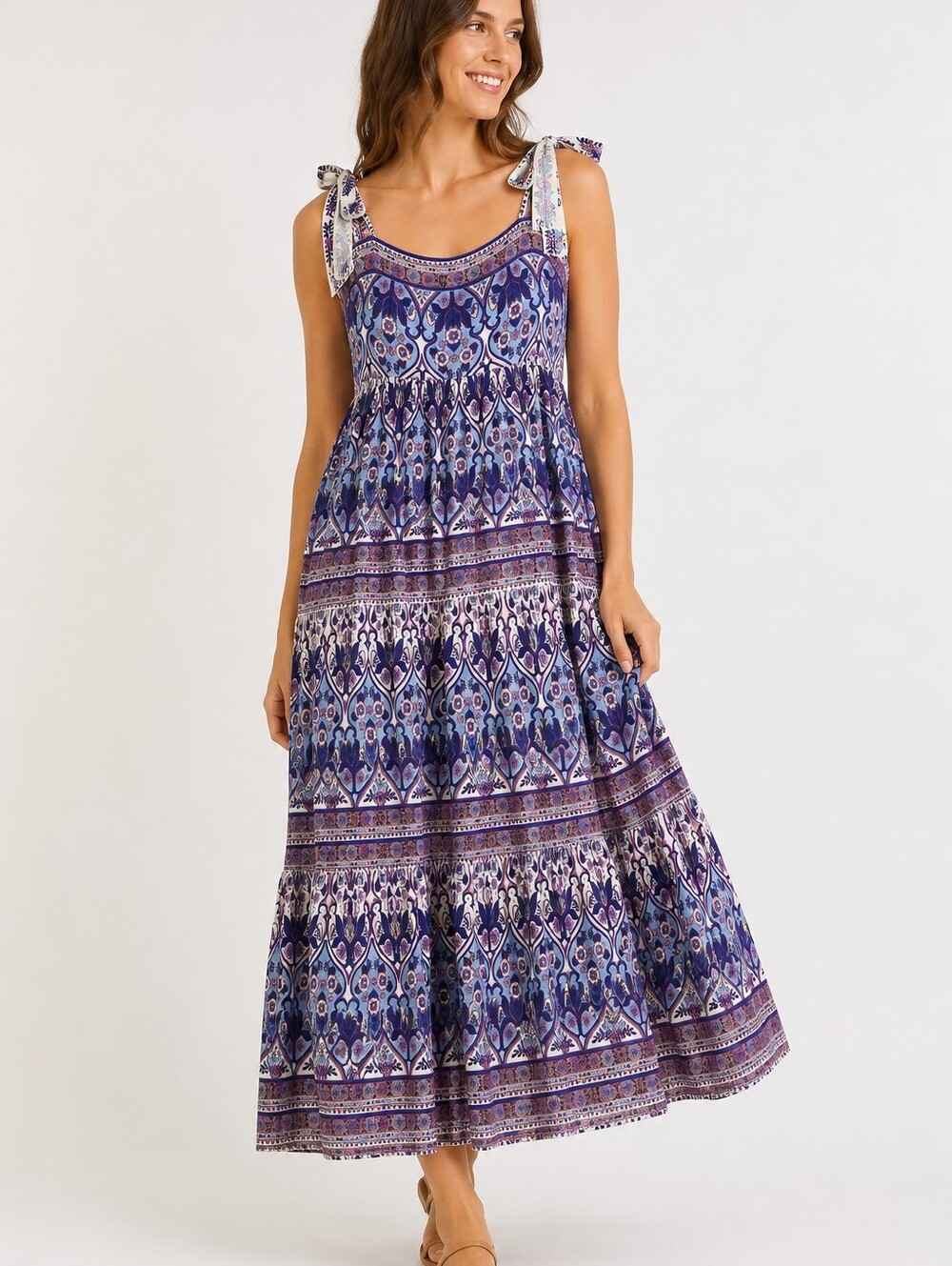 Love The Label Tie Shoulder Linen Blend Tiered Maxi Dress | Blue Purple Paisley
